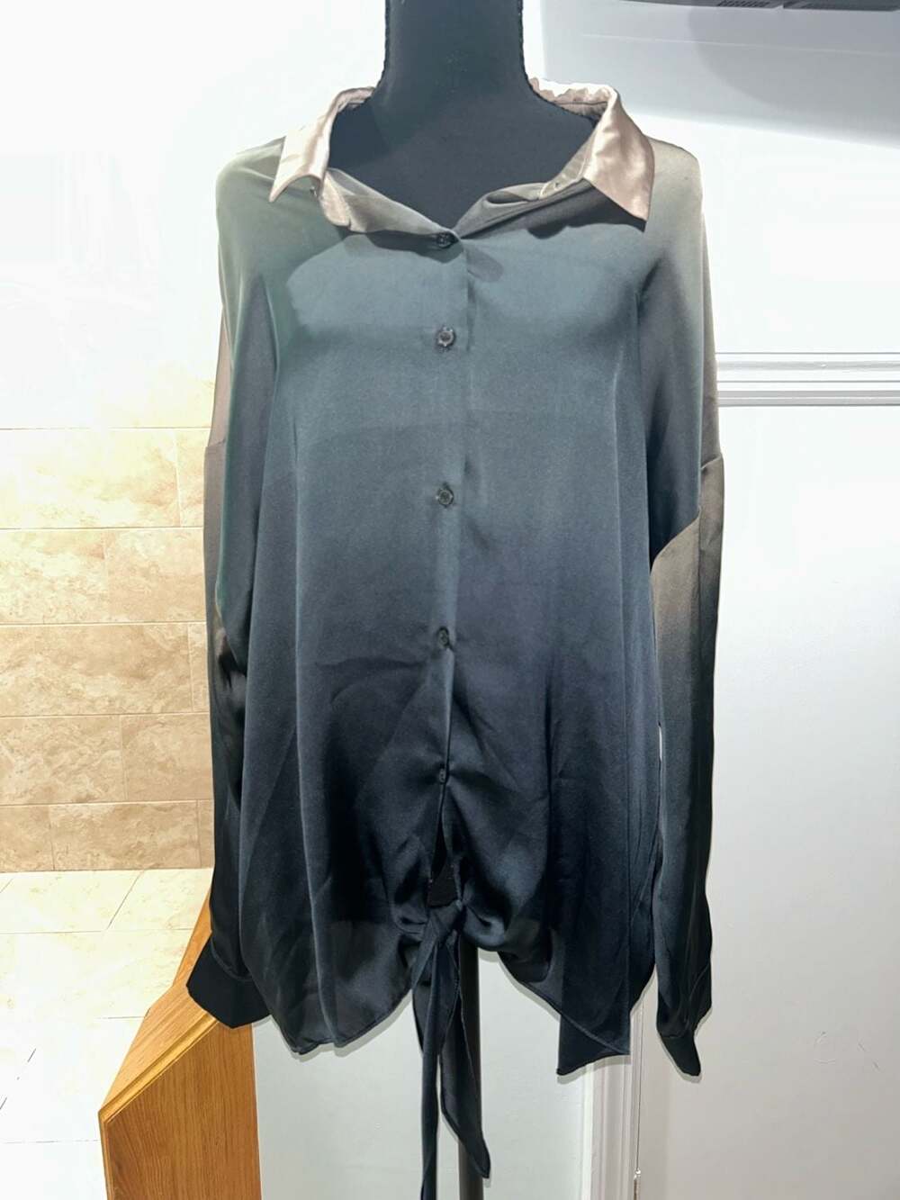 Lola & Sophie New York Ombre Button-Down Long Sleeve Blouse with Tie-Front Detai